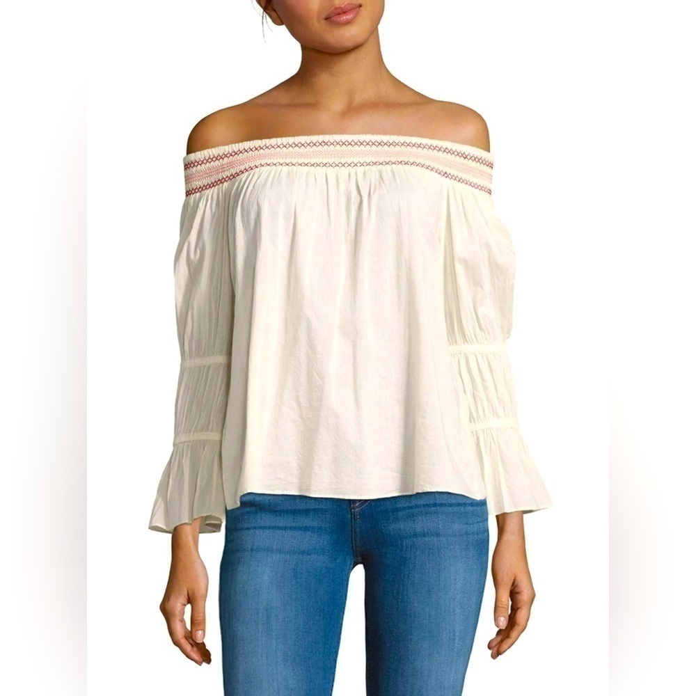 LoveShackFancy Cotton Preppy Summer Cream Daisy Off-The-Shoulder Top size XS